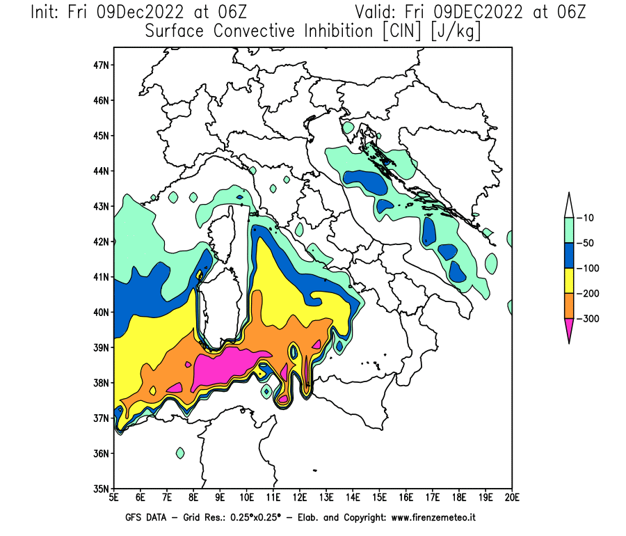Mappa di analisi GFS - CIN [J/kg] in Italia
							del 09/12/2022 06 <!--googleoff: index-->UTC<!--googleon: index-->