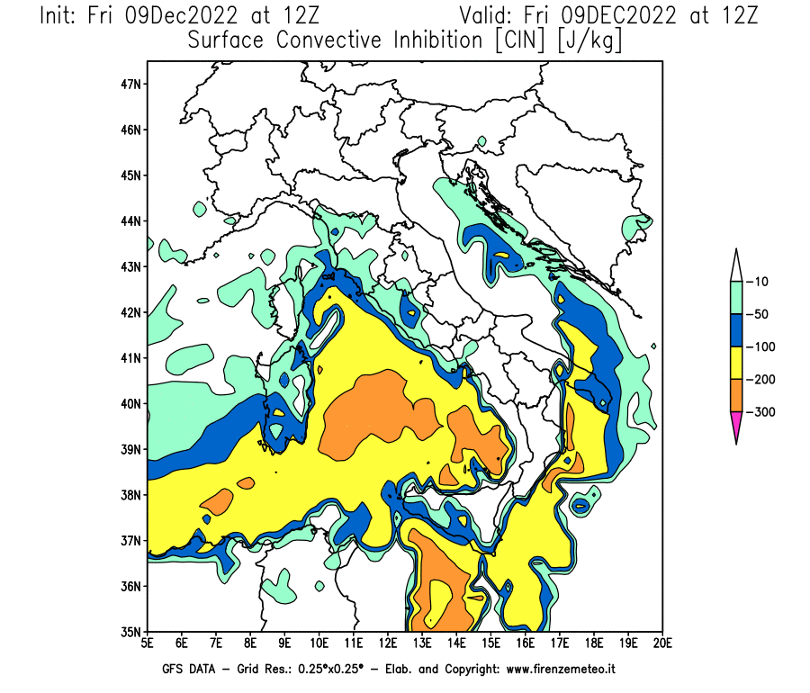 Mappa di analisi GFS - CIN [J/kg] in Italia
							del 09/12/2022 12 <!--googleoff: index-->UTC<!--googleon: index-->