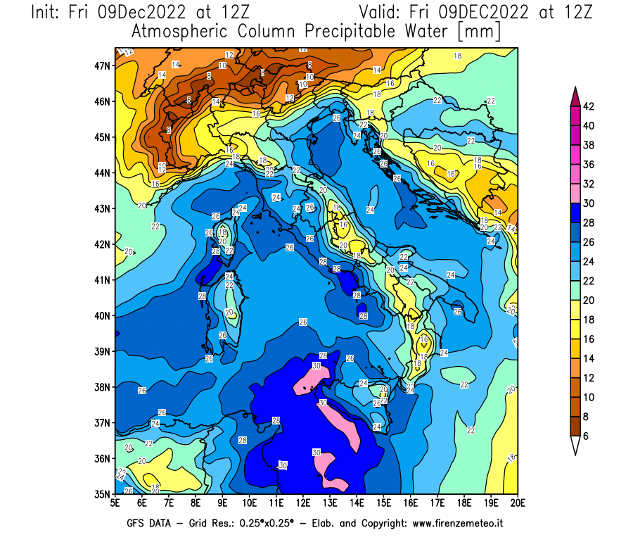 Mappa di analisi GFS - Precipitable Water [mm] in Italia
							del 09/12/2022 12 <!--googleoff: index-->UTC<!--googleon: index-->