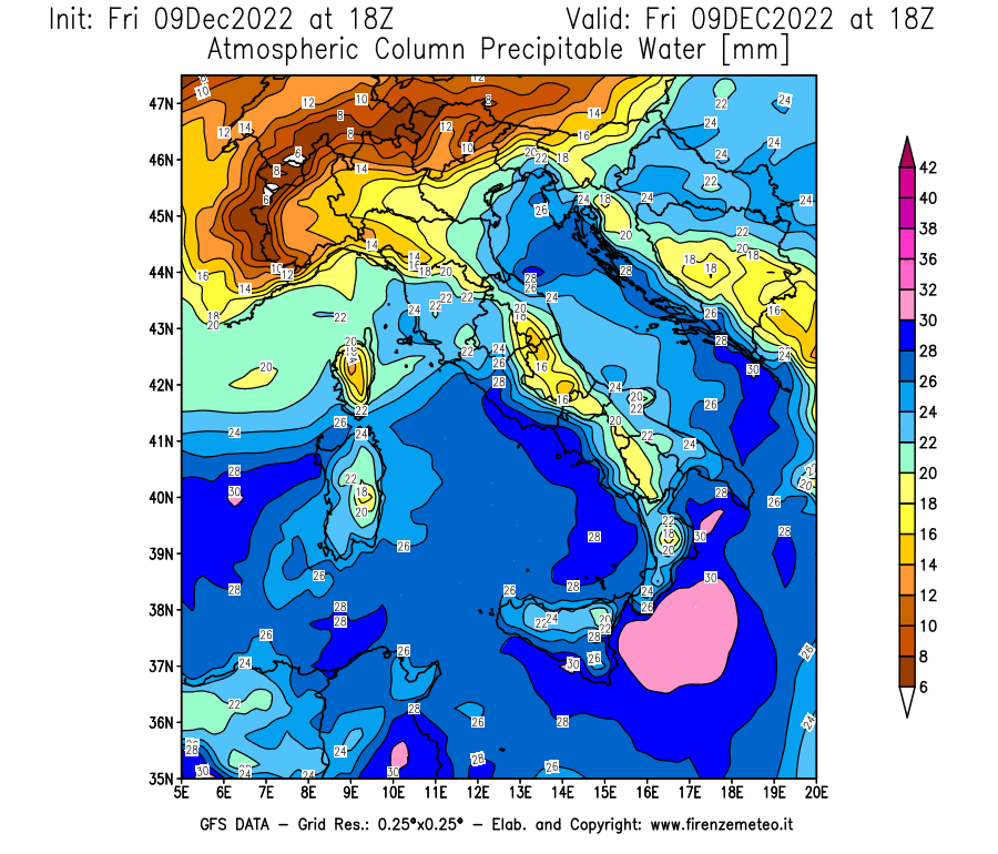 Mappa di analisi GFS - Precipitable Water [mm] in Italia
							del 09/12/2022 18 <!--googleoff: index-->UTC<!--googleon: index-->