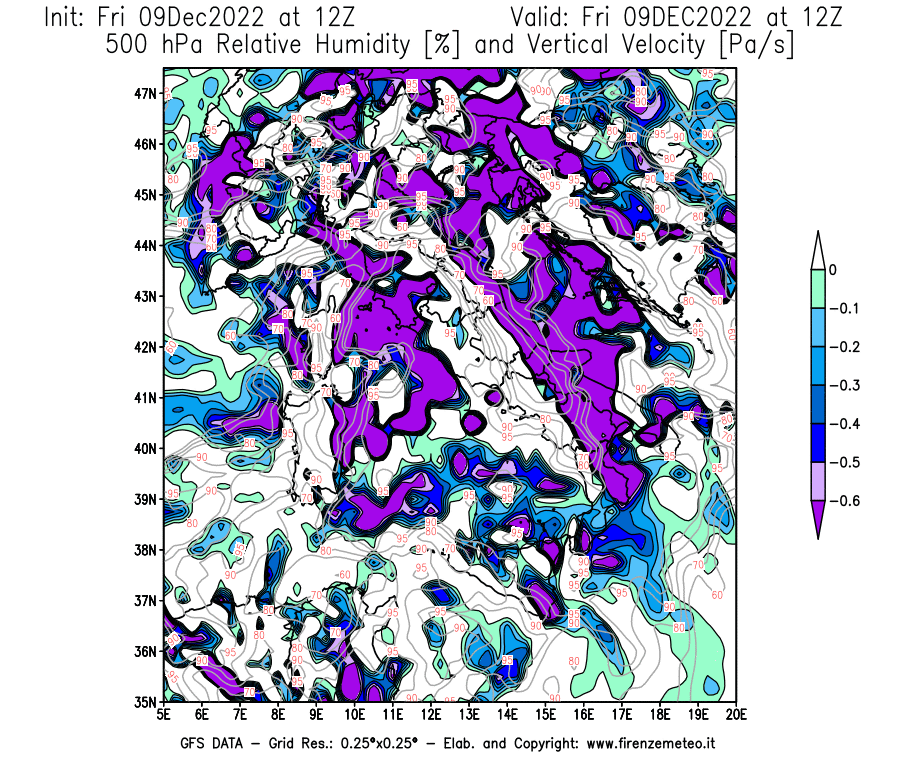 Mappa di analisi GFS - Umidità relativa [%] e Omega [Pa/s] a 500 hPa in Italia
							del 09/12/2022 12 <!--googleoff: index-->UTC<!--googleon: index-->