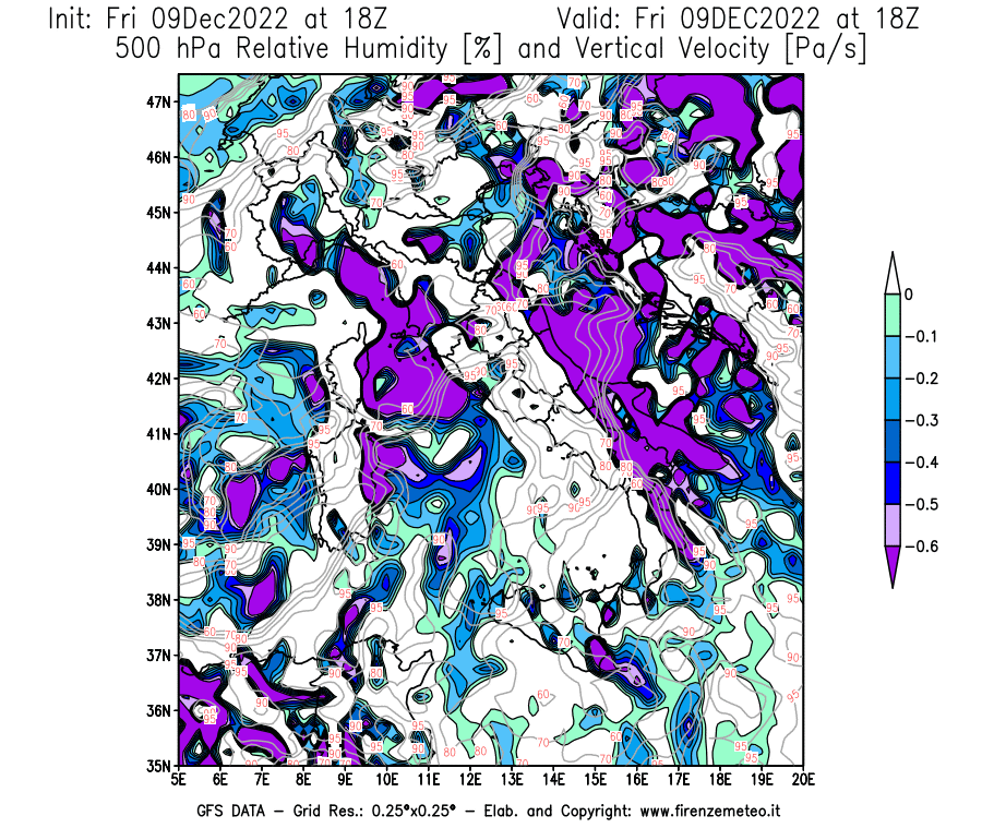 Mappa di analisi GFS - Umidità relativa [%] e Omega [Pa/s] a 500 hPa in Italia
							del 09/12/2022 18 <!--googleoff: index-->UTC<!--googleon: index-->