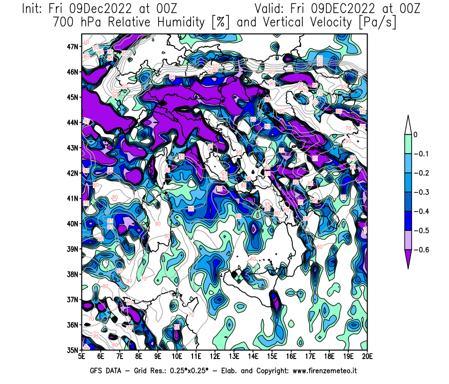 Mappa di analisi GFS - Umidità relativa [%] e Omega [Pa/s] a 700 hPa in Italia
							del 09/12/2022 00 <!--googleoff: index-->UTC<!--googleon: index-->
