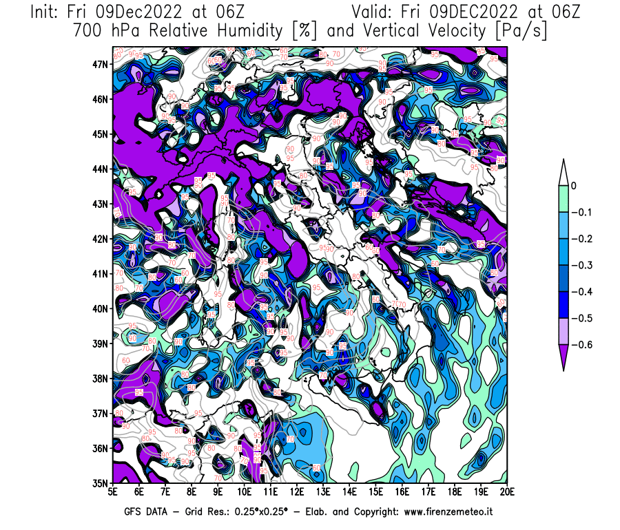 Mappa di analisi GFS - Umidità relativa [%] e Omega [Pa/s] a 700 hPa in Italia
							del 09/12/2022 06 <!--googleoff: index-->UTC<!--googleon: index-->