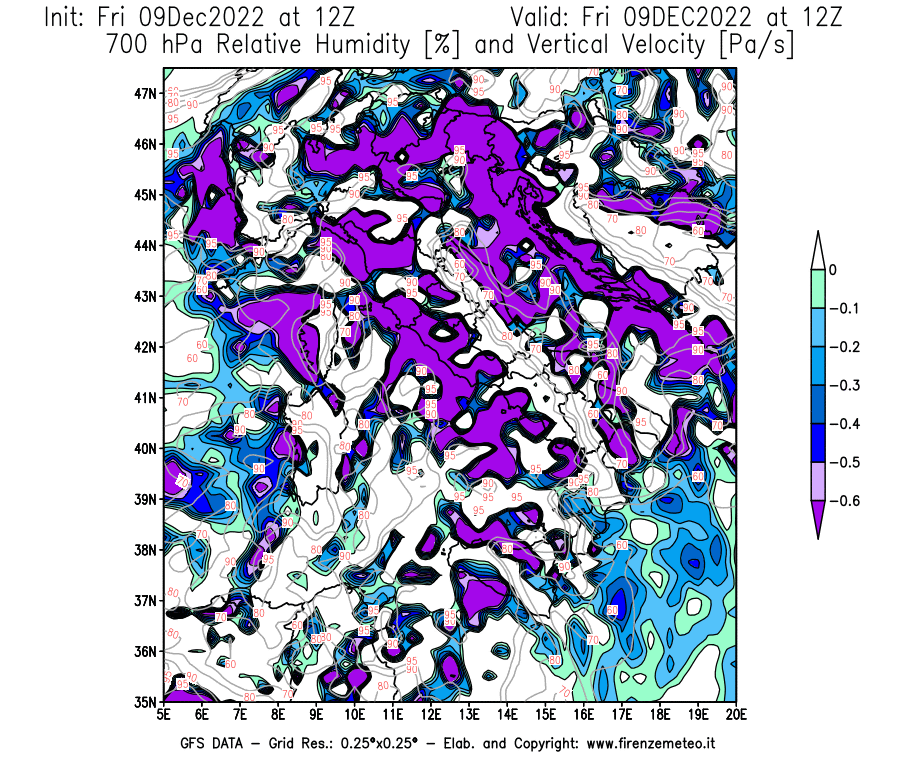 Mappa di analisi GFS - Umidità relativa [%] e Omega [Pa/s] a 700 hPa in Italia
							del 09/12/2022 12 <!--googleoff: index-->UTC<!--googleon: index-->