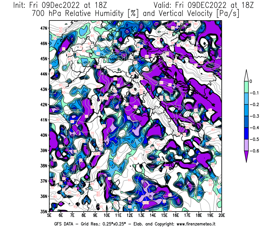 Mappa di analisi GFS - Umidità relativa [%] e Omega [Pa/s] a 700 hPa in Italia
							del 09/12/2022 18 <!--googleoff: index-->UTC<!--googleon: index-->