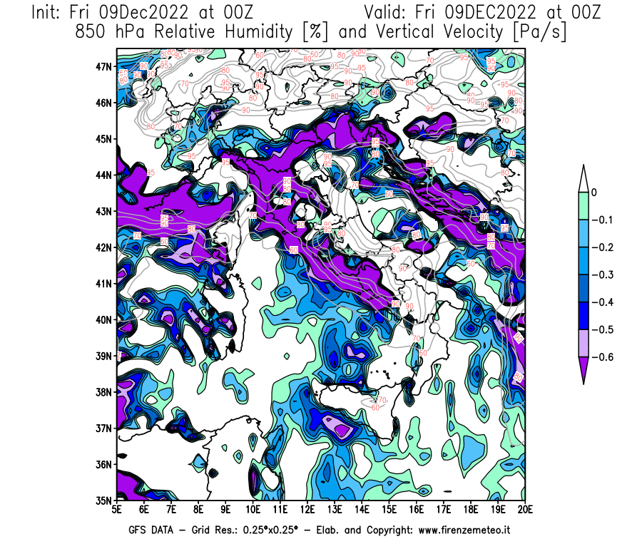 Mappa di analisi GFS - Umidità relativa [%] e Omega [Pa/s] a 850 hPa in Italia
							del 09/12/2022 00 <!--googleoff: index-->UTC<!--googleon: index-->