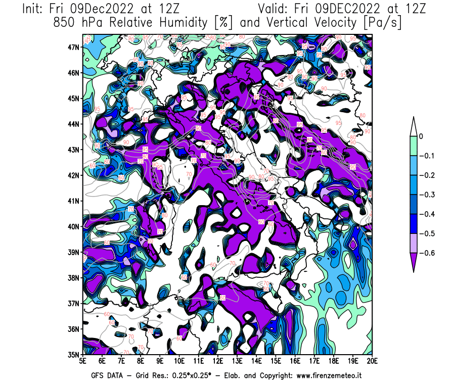 Mappa di analisi GFS - Umidità relativa [%] e Omega [Pa/s] a 850 hPa in Italia
							del 09/12/2022 12 <!--googleoff: index-->UTC<!--googleon: index-->