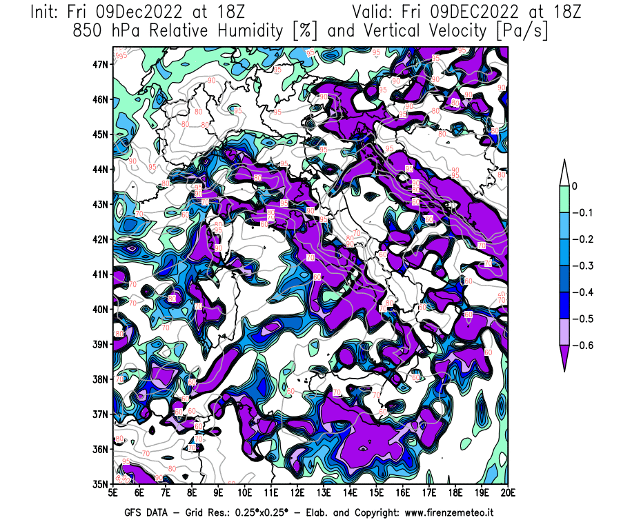 Mappa di analisi GFS - Umidità relativa [%] e Omega [Pa/s] a 850 hPa in Italia
							del 09/12/2022 18 <!--googleoff: index-->UTC<!--googleon: index-->