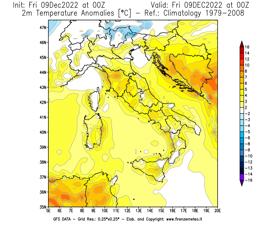 Mappa di analisi GFS - Anomalia Temperatura [°C] a 2 m in Italia
							del 09/12/2022 00 <!--googleoff: index-->UTC<!--googleon: index-->