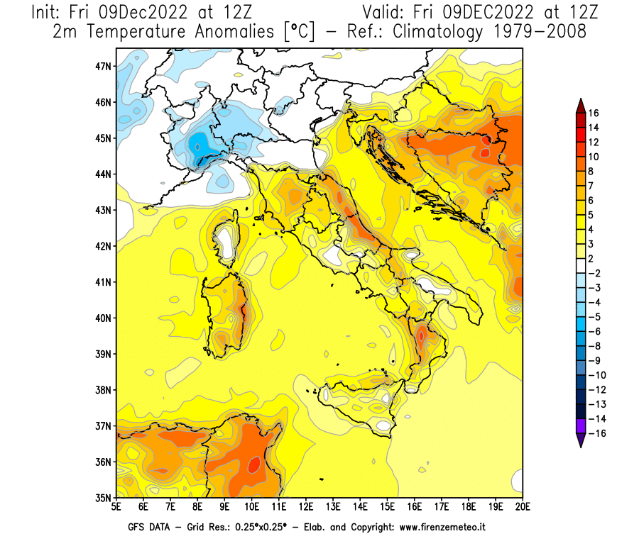 Mappa di analisi GFS - Anomalia Temperatura [°C] a 2 m in Italia
							del 09/12/2022 12 <!--googleoff: index-->UTC<!--googleon: index-->
