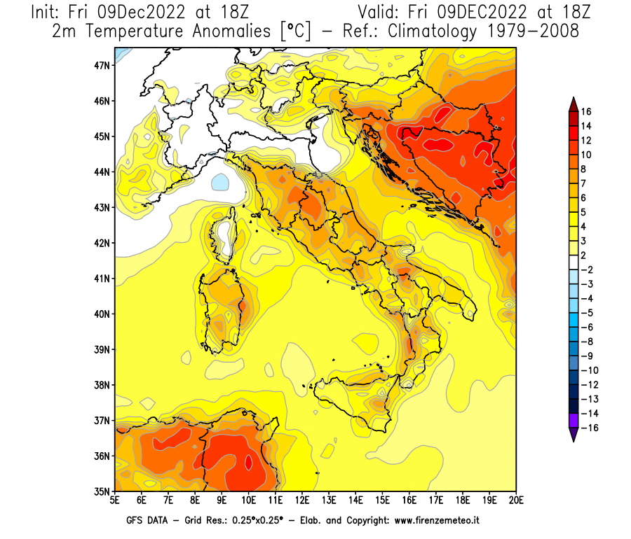 Mappa di analisi GFS - Anomalia Temperatura [°C] a 2 m in Italia
							del 09/12/2022 18 <!--googleoff: index-->UTC<!--googleon: index-->
