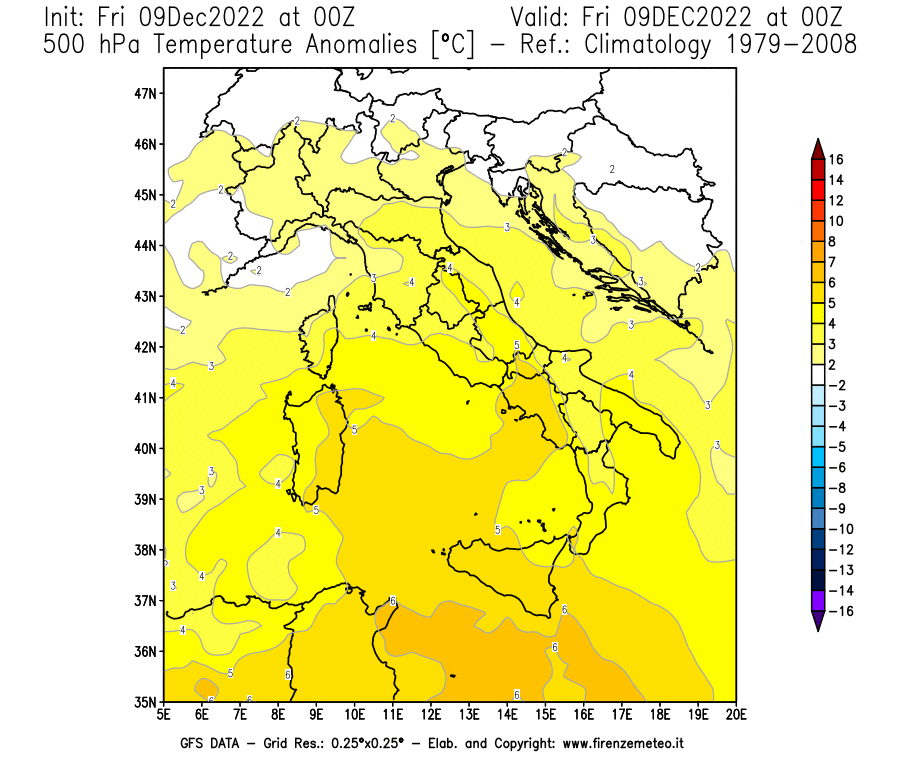 Mappa di analisi GFS - Anomalia Temperatura [°C] a 500 hPa in Italia
							del 09/12/2022 00 <!--googleoff: index-->UTC<!--googleon: index-->
