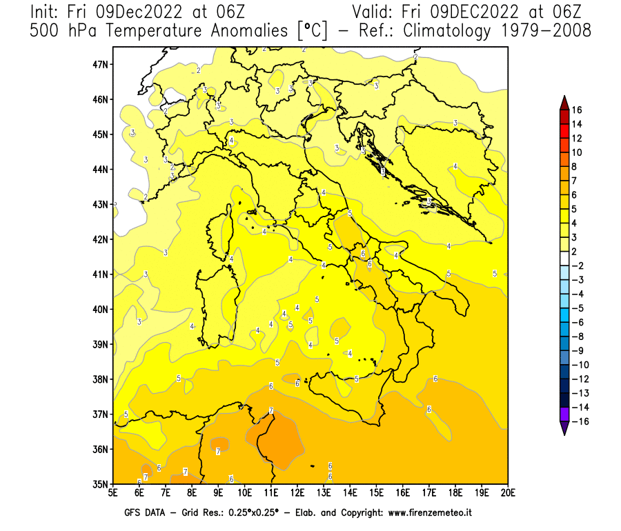 Mappa di analisi GFS - Anomalia Temperatura [°C] a 500 hPa in Italia
							del 09/12/2022 06 <!--googleoff: index-->UTC<!--googleon: index-->