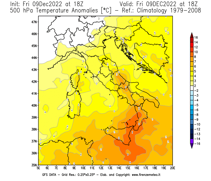 Mappa di analisi GFS - Anomalia Temperatura [°C] a 500 hPa in Italia
							del 09/12/2022 18 <!--googleoff: index-->UTC<!--googleon: index-->