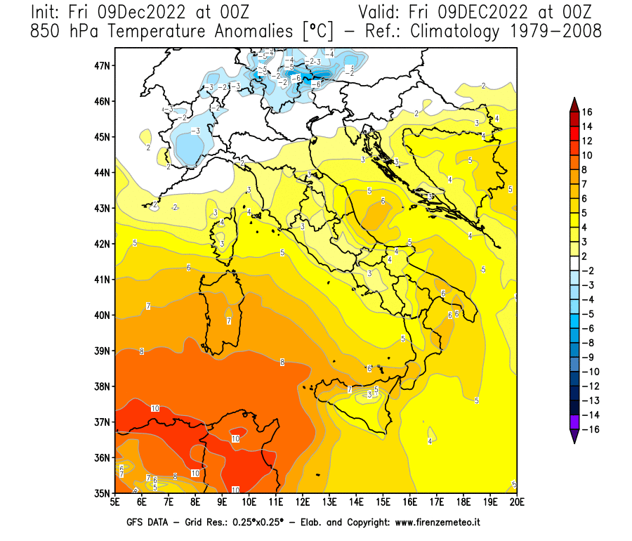 Mappa di analisi GFS - Anomalia Temperatura [°C] a 850 hPa in Italia
							del 09/12/2022 00 <!--googleoff: index-->UTC<!--googleon: index-->