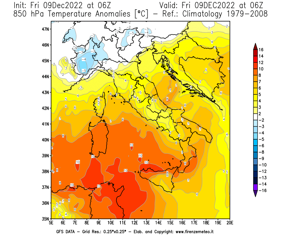 Mappa di analisi GFS - Anomalia Temperatura [°C] a 850 hPa in Italia
							del 09/12/2022 06 <!--googleoff: index-->UTC<!--googleon: index-->