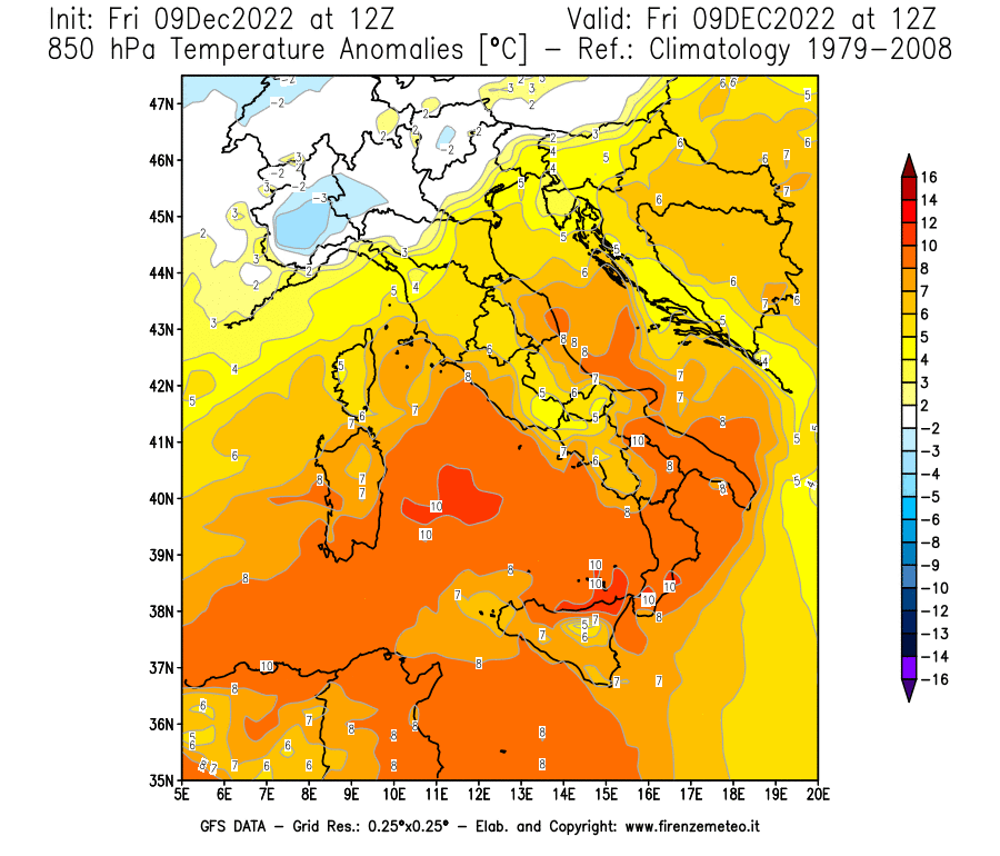 Mappa di analisi GFS - Anomalia Temperatura [°C] a 850 hPa in Italia
							del 09/12/2022 12 <!--googleoff: index-->UTC<!--googleon: index-->
