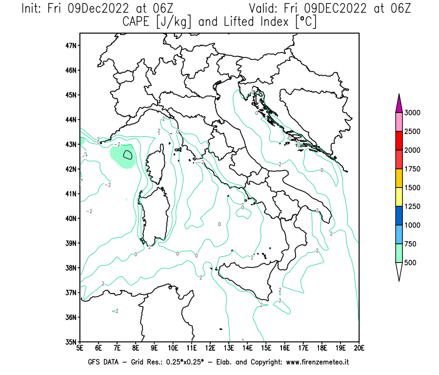 Mappa di analisi GFS - CAPE [J/kg] e Lifted Index [°C] in Italia
							del 09/12/2022 06 <!--googleoff: index-->UTC<!--googleon: index-->