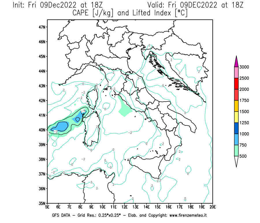 Mappa di analisi GFS - CAPE [J/kg] e Lifted Index [°C] in Italia
							del 09/12/2022 18 <!--googleoff: index-->UTC<!--googleon: index-->