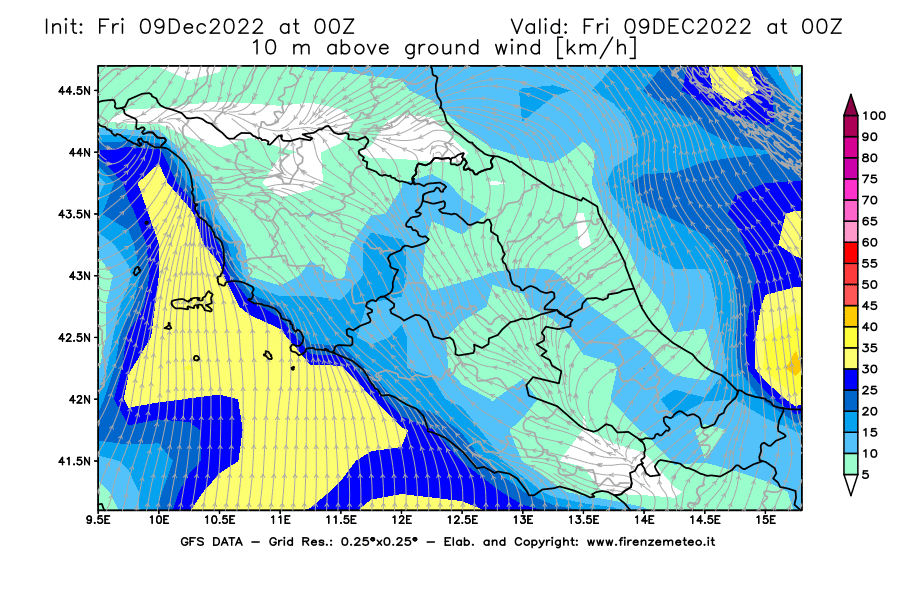 Mappa di analisi GFS - Velocità del vento a 10 metri dal suolo [km/h] in Centro-Italia
							del 09/12/2022 00 <!--googleoff: index-->UTC<!--googleon: index-->
