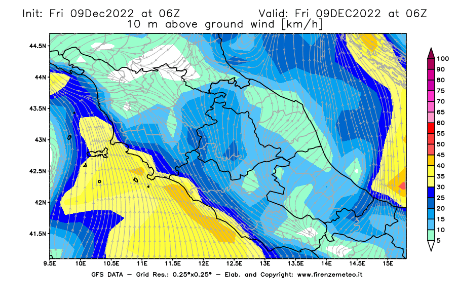 Mappa di analisi GFS - Velocità del vento a 10 metri dal suolo [km/h] in Centro-Italia
							del 09/12/2022 06 <!--googleoff: index-->UTC<!--googleon: index-->
