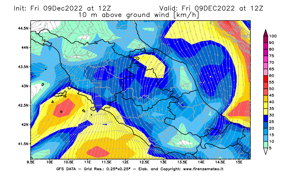 Mappa di analisi GFS - Velocità del vento a 10 metri dal suolo [km/h] in Centro-Italia
							del 09/12/2022 12 <!--googleoff: index-->UTC<!--googleon: index-->