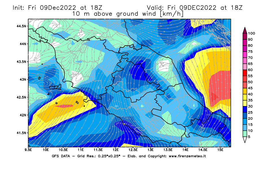 Mappa di analisi GFS - Velocità del vento a 10 metri dal suolo [km/h] in Centro-Italia
							del 09/12/2022 18 <!--googleoff: index-->UTC<!--googleon: index-->