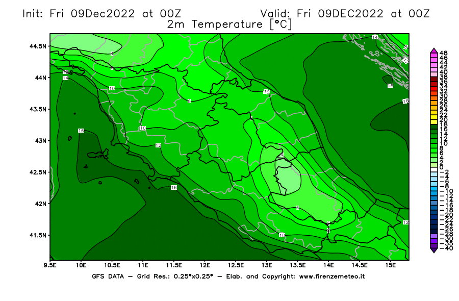 Mappa di analisi GFS - Temperatura a 2 metri dal suolo [°C] in Centro-Italia
							del 09/12/2022 00 <!--googleoff: index-->UTC<!--googleon: index-->