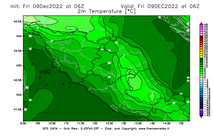 Mappa di analisi GFS - Temperatura a 2 metri dal suolo [°C] in Centro-Italia
							del 09/12/2022 06 <!--googleoff: index-->UTC<!--googleon: index-->