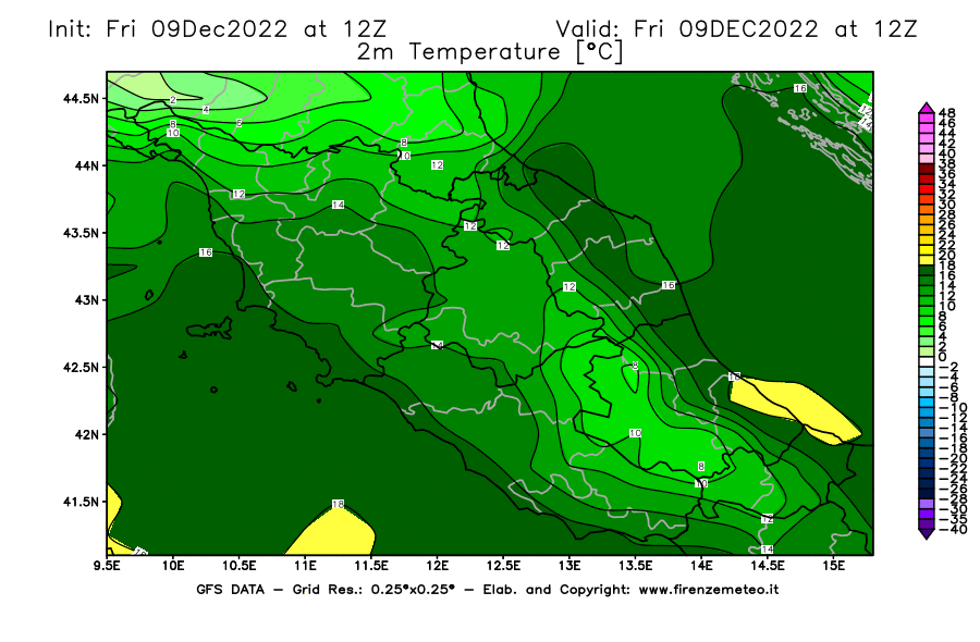 Mappa di analisi GFS - Temperatura a 2 metri dal suolo [°C] in Centro-Italia
							del 09/12/2022 12 <!--googleoff: index-->UTC<!--googleon: index-->