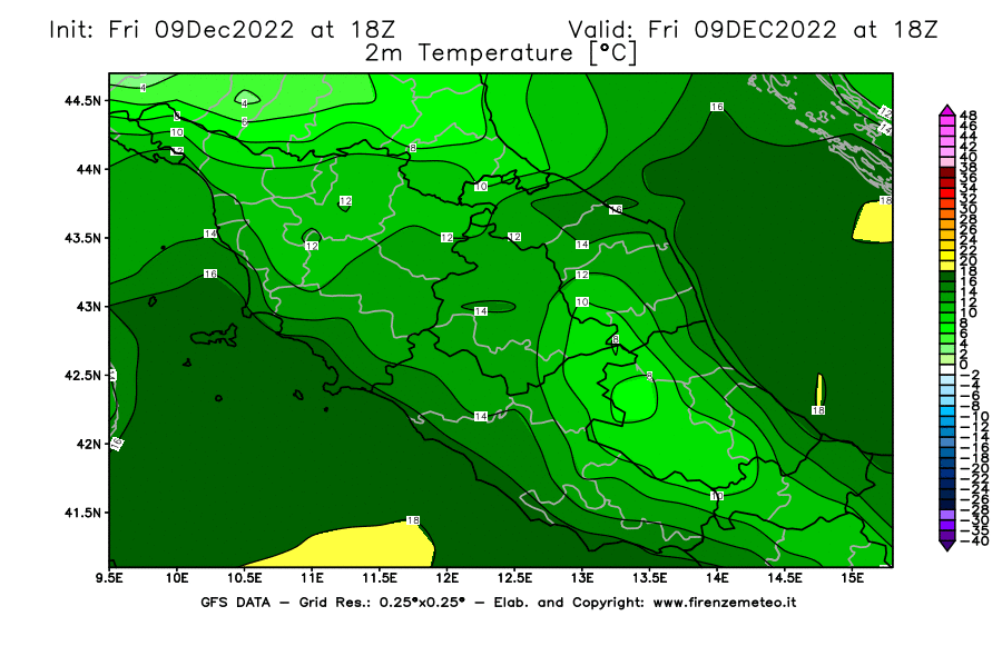 Mappa di analisi GFS - Temperatura a 2 metri dal suolo [°C] in Centro-Italia
							del 09/12/2022 18 <!--googleoff: index-->UTC<!--googleon: index-->