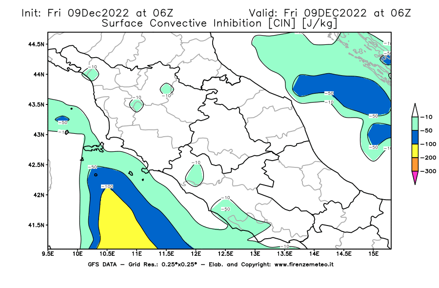 Mappa di analisi GFS - CIN [J/kg] in Centro-Italia
							del 09/12/2022 06 <!--googleoff: index-->UTC<!--googleon: index-->