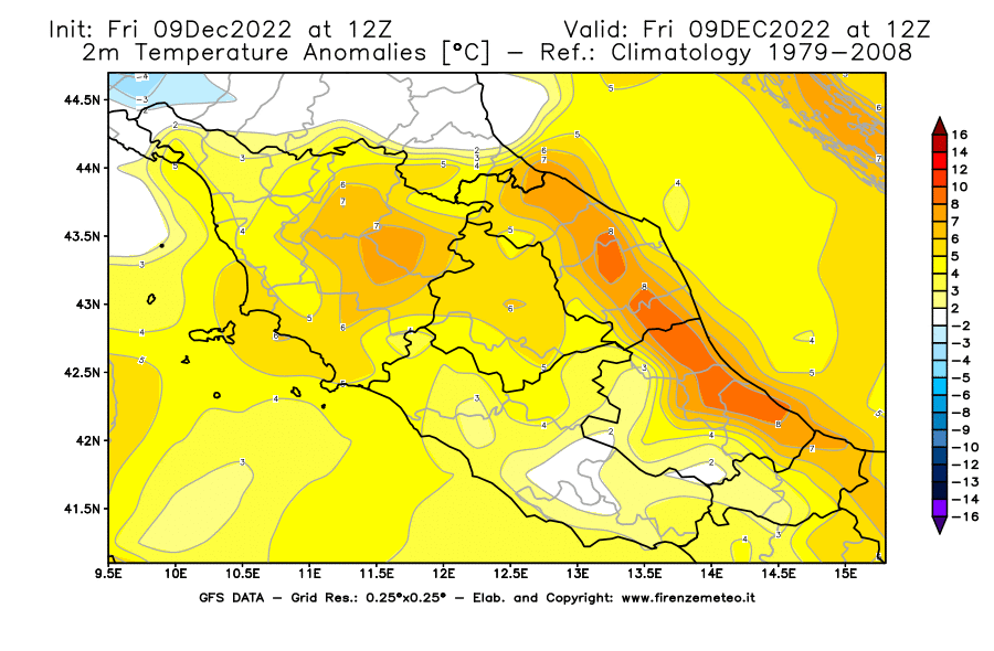 Mappa di analisi GFS - Anomalia Temperatura [°C] a 2 m in Centro-Italia
							del 09/12/2022 12 <!--googleoff: index-->UTC<!--googleon: index-->