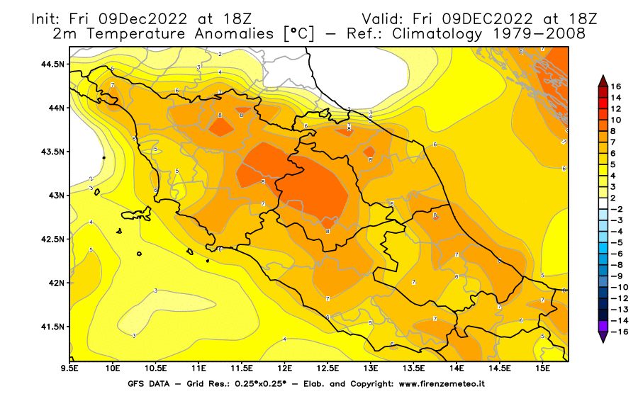 Mappa di analisi GFS - Anomalia Temperatura [°C] a 2 m in Centro-Italia
							del 09/12/2022 18 <!--googleoff: index-->UTC<!--googleon: index-->