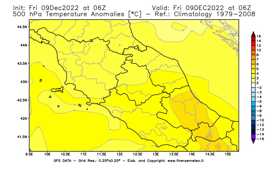 Mappa di analisi GFS - Anomalia Temperatura [°C] a 500 hPa in Centro-Italia
							del 09/12/2022 06 <!--googleoff: index-->UTC<!--googleon: index-->