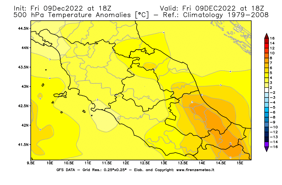 Mappa di analisi GFS - Anomalia Temperatura [°C] a 500 hPa in Centro-Italia
							del 09/12/2022 18 <!--googleoff: index-->UTC<!--googleon: index-->