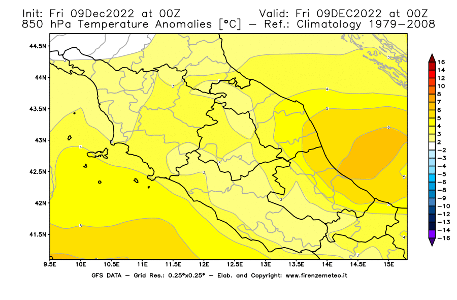 Mappa di analisi GFS - Anomalia Temperatura [°C] a 850 hPa in Centro-Italia
							del 09/12/2022 00 <!--googleoff: index-->UTC<!--googleon: index-->
