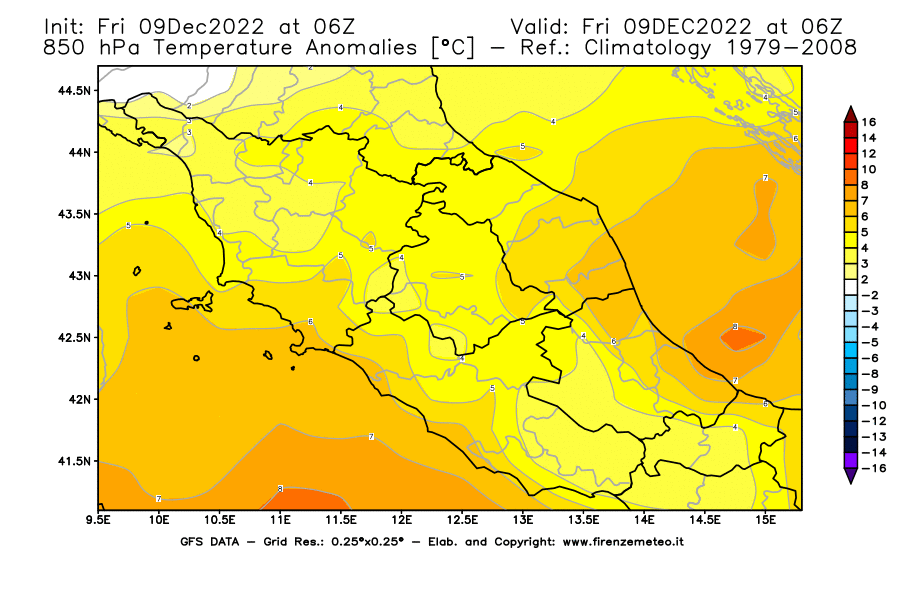 Mappa di analisi GFS - Anomalia Temperatura [°C] a 850 hPa in Centro-Italia
							del 09/12/2022 06 <!--googleoff: index-->UTC<!--googleon: index-->