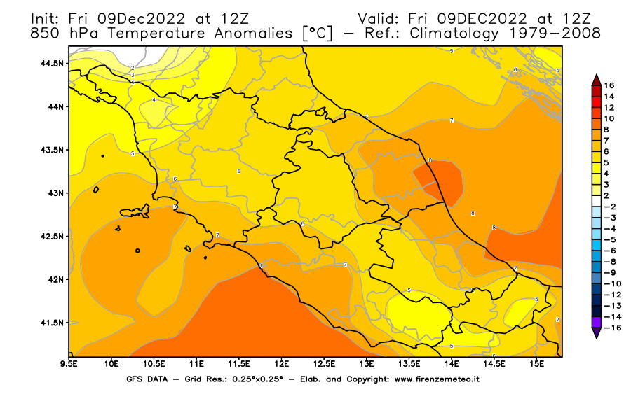 Mappa di analisi GFS - Anomalia Temperatura [°C] a 850 hPa in Centro-Italia
							del 09/12/2022 12 <!--googleoff: index-->UTC<!--googleon: index-->