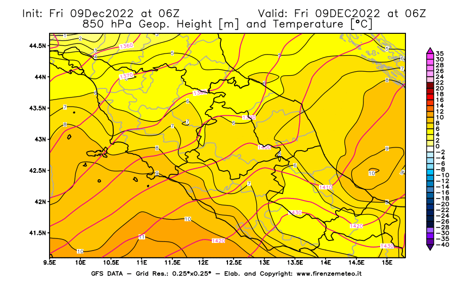 Mappa di analisi GFS - Geopotenziale [m] e Temperatura [°C] a 850 hPa in Centro-Italia
							del 09/12/2022 06 <!--googleoff: index-->UTC<!--googleon: index-->