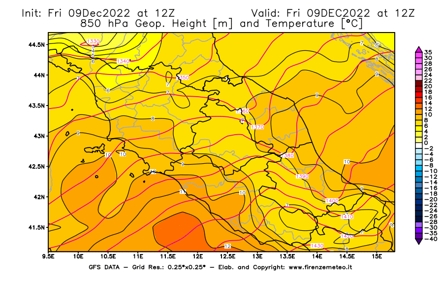 Mappa di analisi GFS - Geopotenziale [m] e Temperatura [°C] a 850 hPa in Centro-Italia
							del 09/12/2022 12 <!--googleoff: index-->UTC<!--googleon: index-->