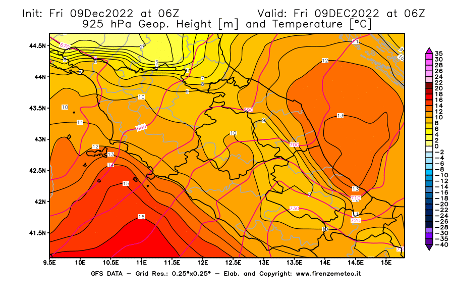 Mappa di analisi GFS - Geopotenziale [m] e Temperatura [°C] a 925 hPa in Centro-Italia
							del 09/12/2022 06 <!--googleoff: index-->UTC<!--googleon: index-->