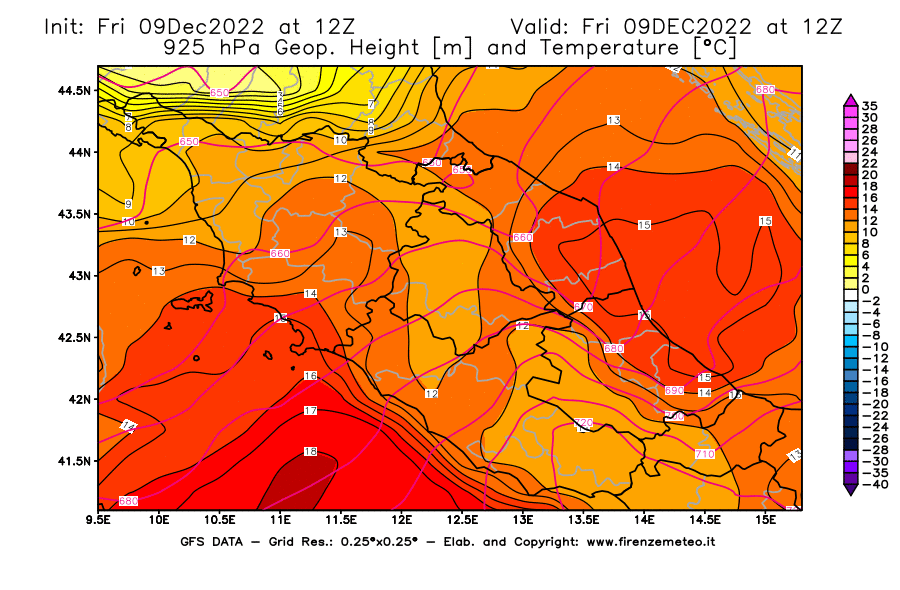 Mappa di analisi GFS - Geopotenziale [m] e Temperatura [°C] a 925 hPa in Centro-Italia
							del 09/12/2022 12 <!--googleoff: index-->UTC<!--googleon: index-->