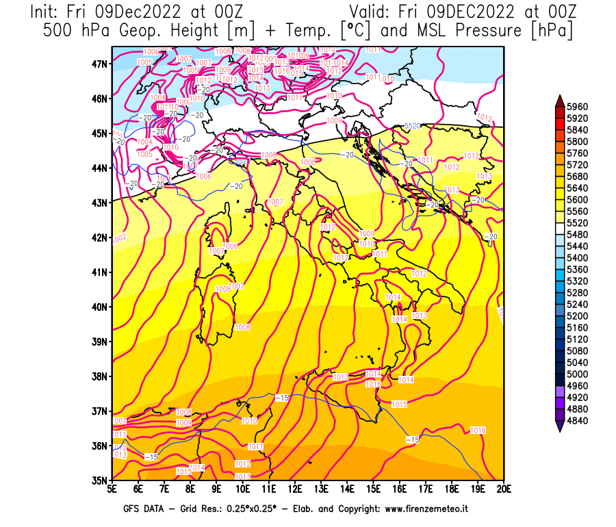 Mappa di analisi GFS - Geopotenziale [m] + Temp. [°C] a 500 hPa + Press. a livello del mare [hPa] in Italia
							del 09/12/2022 00 <!--googleoff: index-->UTC<!--googleon: index-->