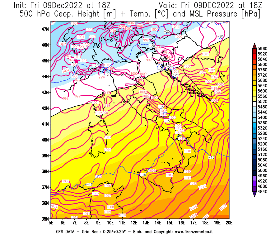 Mappa di analisi GFS - Geopotenziale [m] + Temp. [°C] a 500 hPa + Press. a livello del mare [hPa] in Italia
							del 09/12/2022 18 <!--googleoff: index-->UTC<!--googleon: index-->