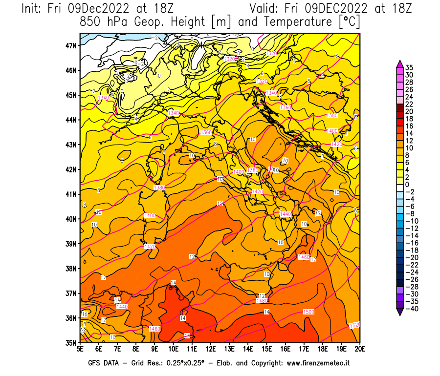 Mappa di analisi GFS - Geopotenziale [m] e Temperatura [°C] a 850 hPa in Italia
							del 09/12/2022 18 <!--googleoff: index-->UTC<!--googleon: index-->