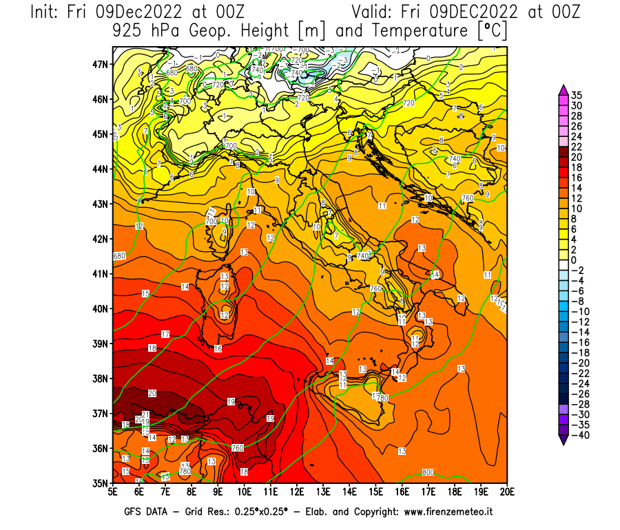 Mappa di analisi GFS - Geopotenziale [m] e Temperatura [°C] a 925 hPa in Italia
							del 09/12/2022 00 <!--googleoff: index-->UTC<!--googleon: index-->