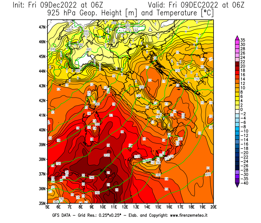 Mappa di analisi GFS - Geopotenziale [m] e Temperatura [°C] a 925 hPa in Italia
							del 09/12/2022 06 <!--googleoff: index-->UTC<!--googleon: index-->