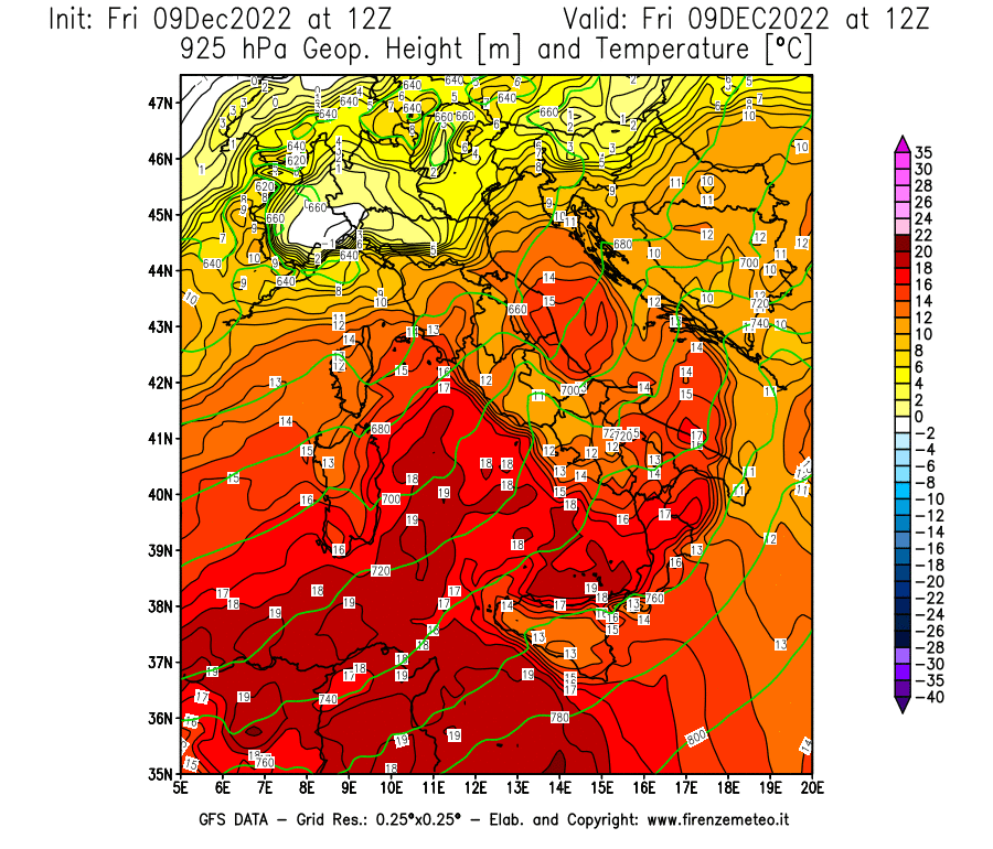 Mappa di analisi GFS - Geopotenziale [m] e Temperatura [°C] a 925 hPa in Italia
							del 09/12/2022 12 <!--googleoff: index-->UTC<!--googleon: index-->